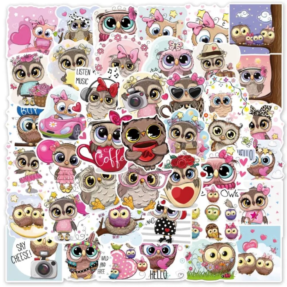 50pcs Cartoon Owl Stickers - No Repeats - Scrapbook Decals